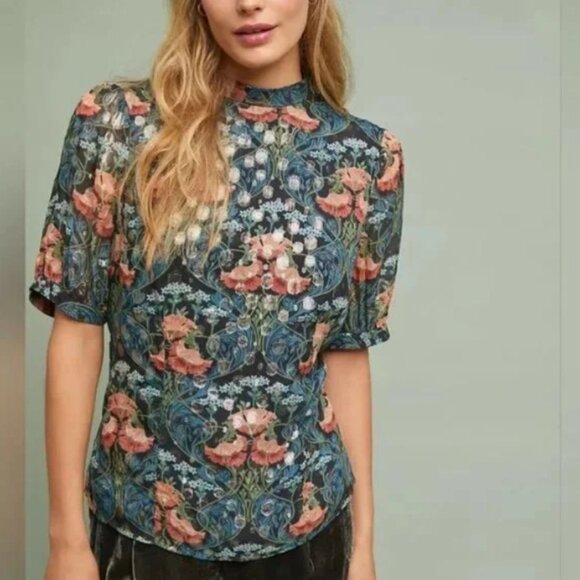 Anthropologie Meadow Rue Basilique Floral Blouse Top Size 8 Muticolor Metallic - Picture 2 of 13